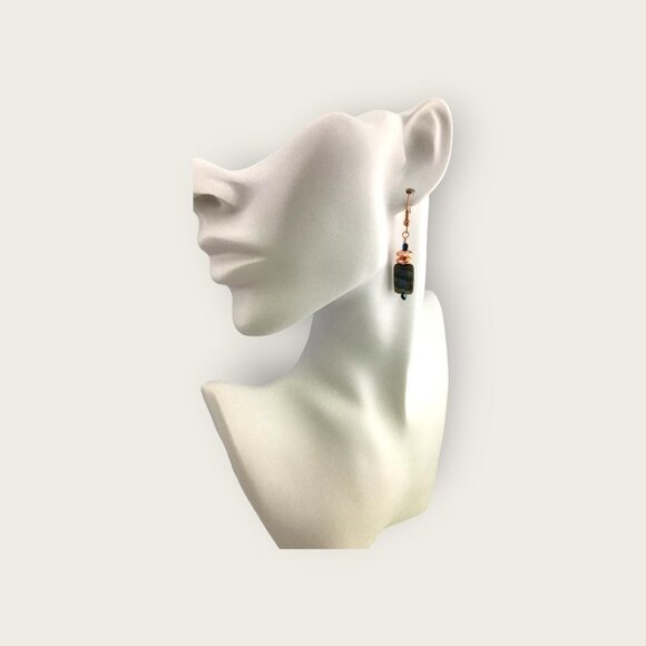 Blue Green Bohemian Czech Glass and Copper Earrings Hematite - Picture 3 of 7